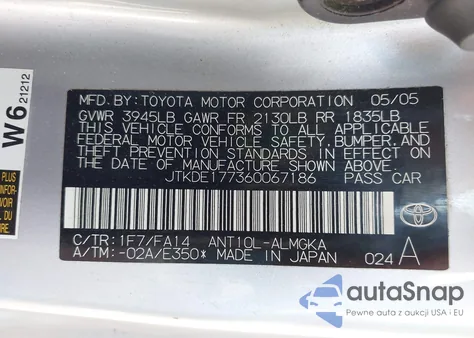 2006 Scion Tc from USA, damaged, VIN JTKDE177360067186